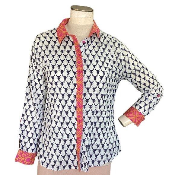 French Curve M Cotton Multicolor Novelty Print Contrast Trim Button-Up Top 180C - Picture 2 of 8